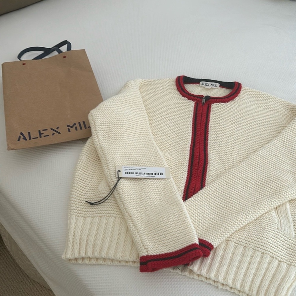 ALEX MILL Cream Knit Zip Cardigan with Red Trim